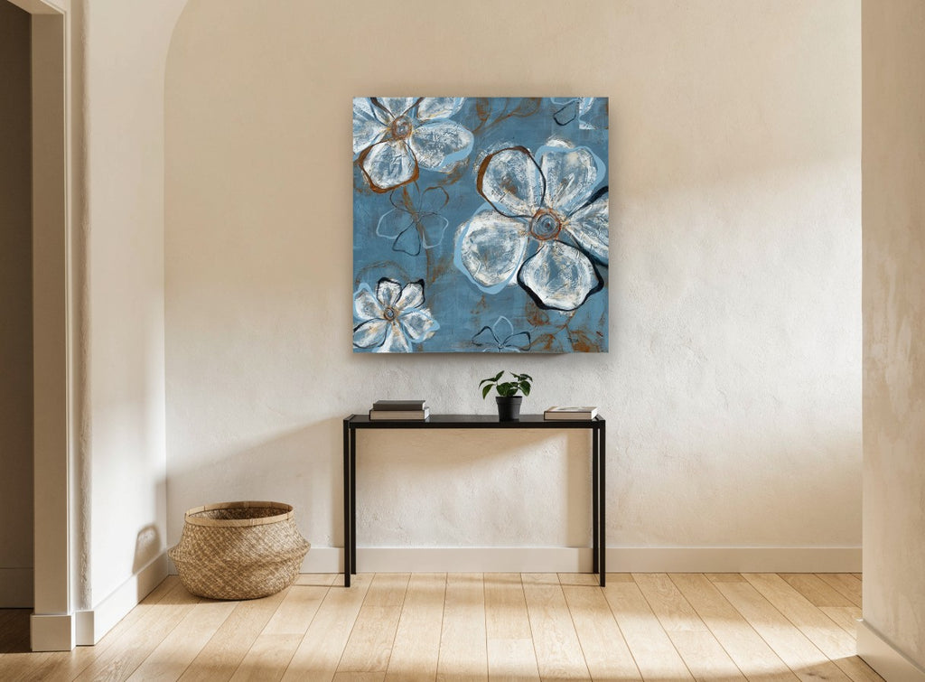 Blue Slate Blooms floral canvas print on the wall of a hallway