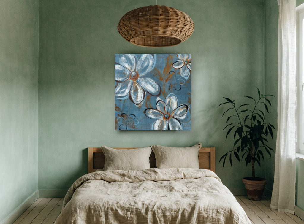 Blue Daisy Drift floral canvas print on the wall of a bedroom