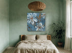 Blue Daisy Drift floral canvas print on the wall of a bedroom