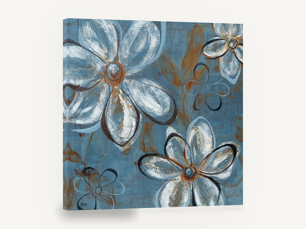 Blue Daisy Drift, blue white daisy floral abstract painting, floral canvas wall art print ready to hang