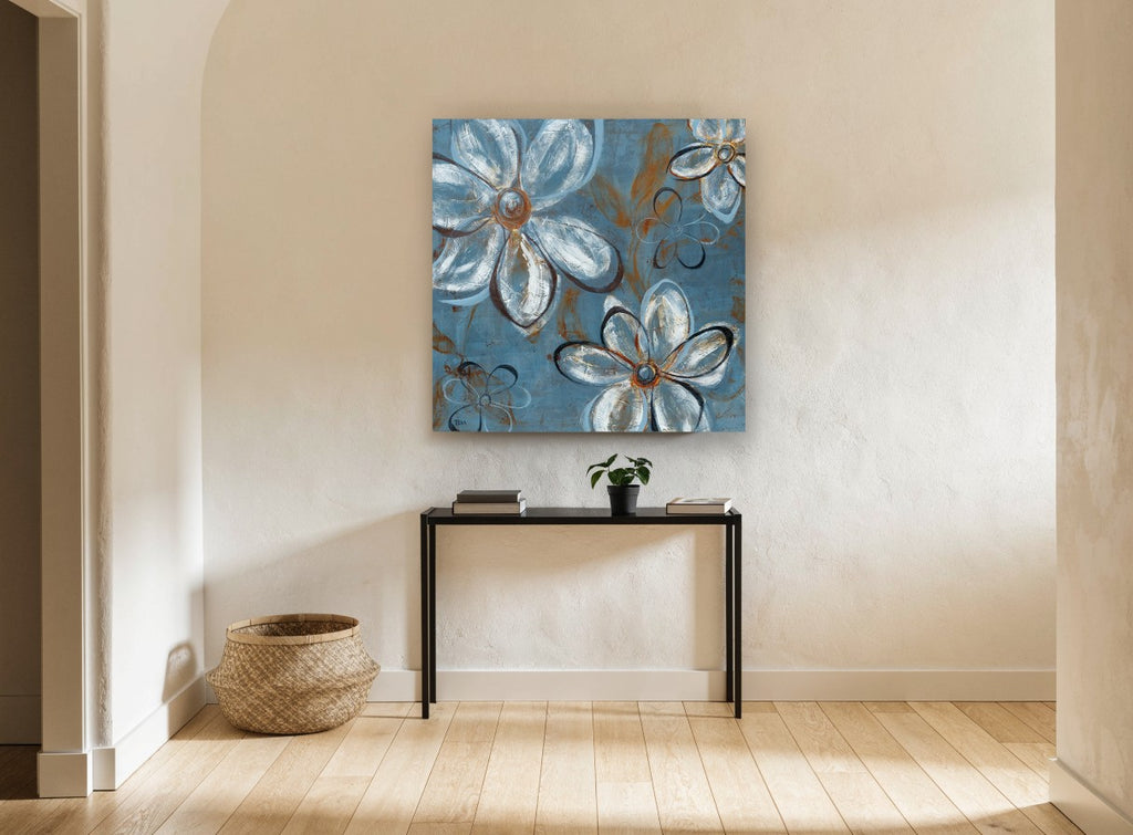 Blue Daisy Drift floral canvas print on the wall of a hallway