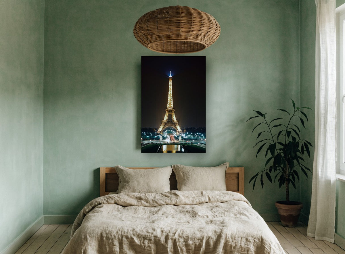 Paris Aglow at Night city canvas print on the wall of a bedroom