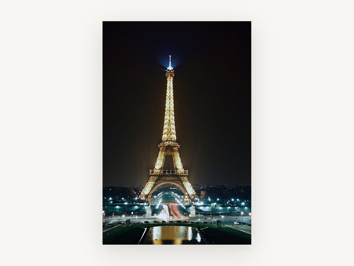Paris Aglow at Night, eiffel tower at night photograph, city canvas wall art print, front view