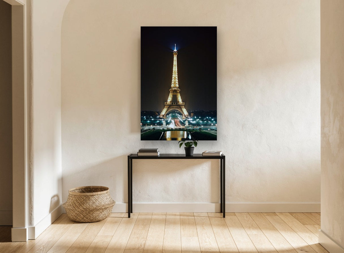 Paris Aglow at Night city canvas print on the wall of a hallway