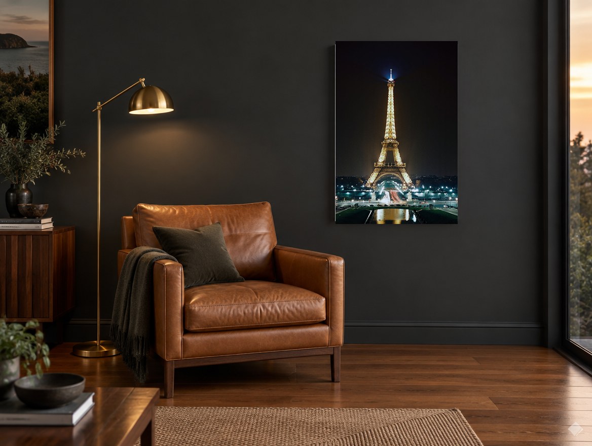 Paris Aglow at Night city canvas print on the wall of a charcoal living room