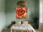 Open Red Tulip Glow floral canvas print on the wall of a bedroom