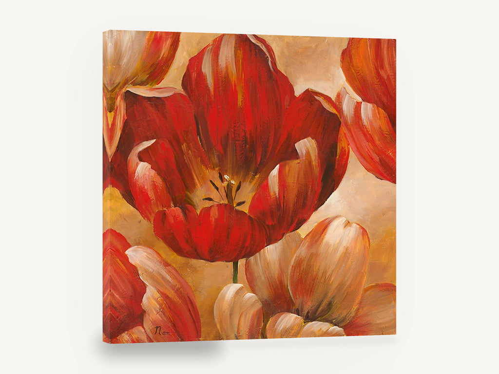 Open Red Tulip Glow, red tulip floral painting warm tones, floral canvas wall art print ready to hang
