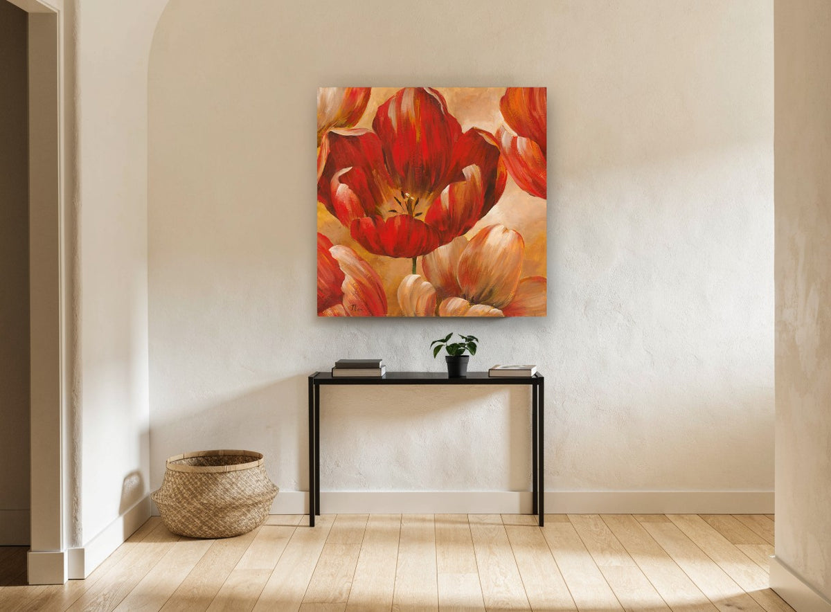 Open Red Tulip Glow floral canvas print on the wall of a hallway