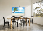 Leaning Palm Sunburst coastal canvas print on the wall of a dining room