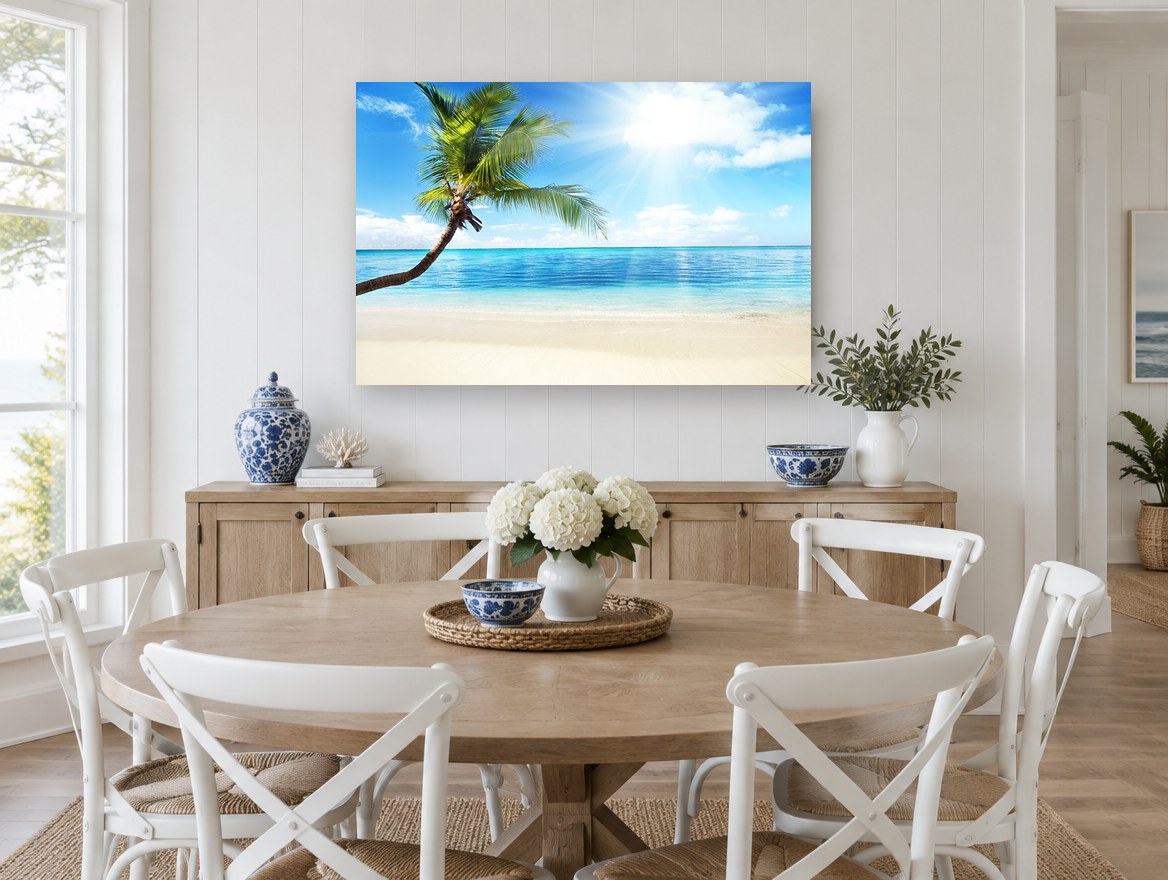 Leaning Palm Sunburst coastal canvas print on the wall of a Hamptons dining room