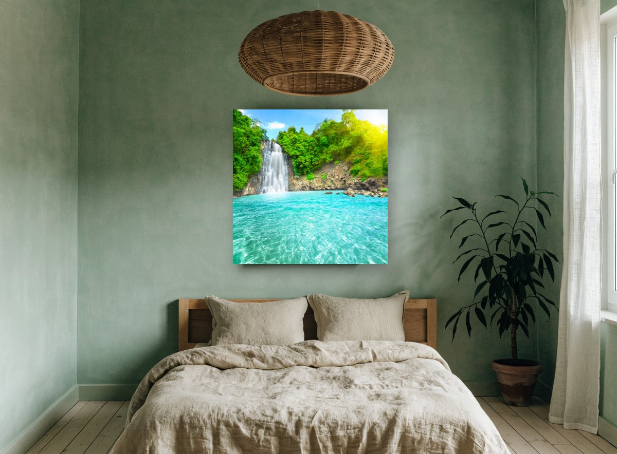 Turquoise Falls Lagoon landscape canvas print on the wall of a bedroom
