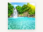 Turquoise Falls Lagoon, turquoise waterfall lagoon photograph, landscape canvas wall art print, front view