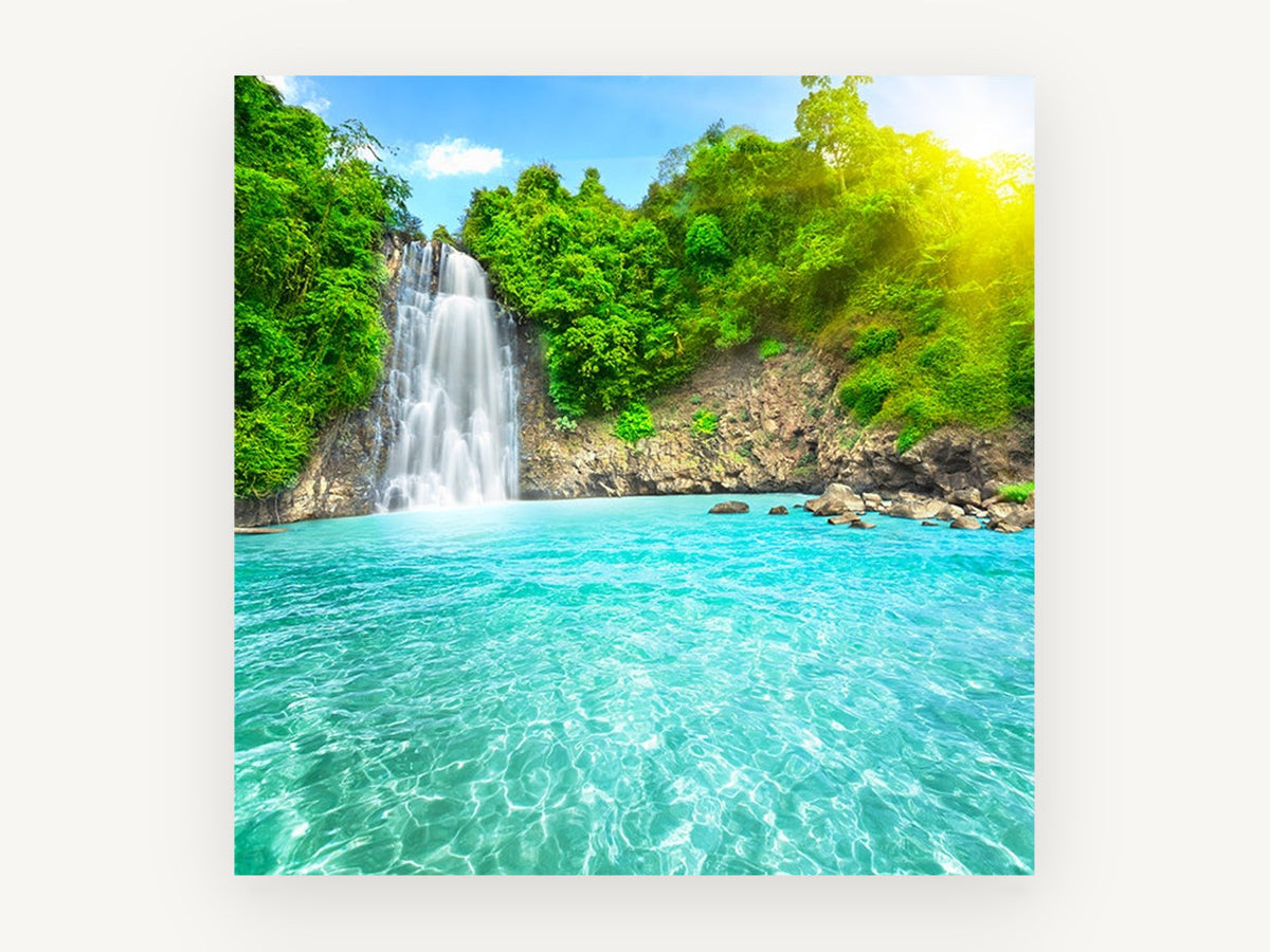 Turquoise Falls Lagoon, turquoise waterfall lagoon photograph, landscape canvas wall art print, front view