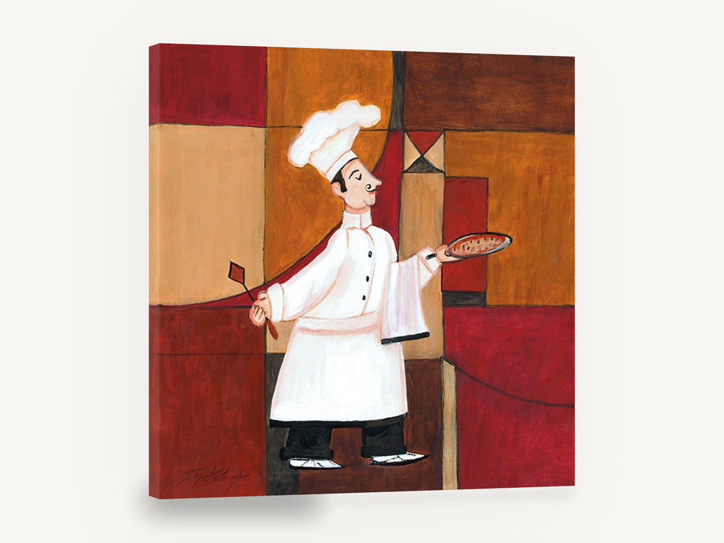 Pizza Chef in Red, pizza chef abstract kitchen illustration, kitchen canvas wall art print ready to hang