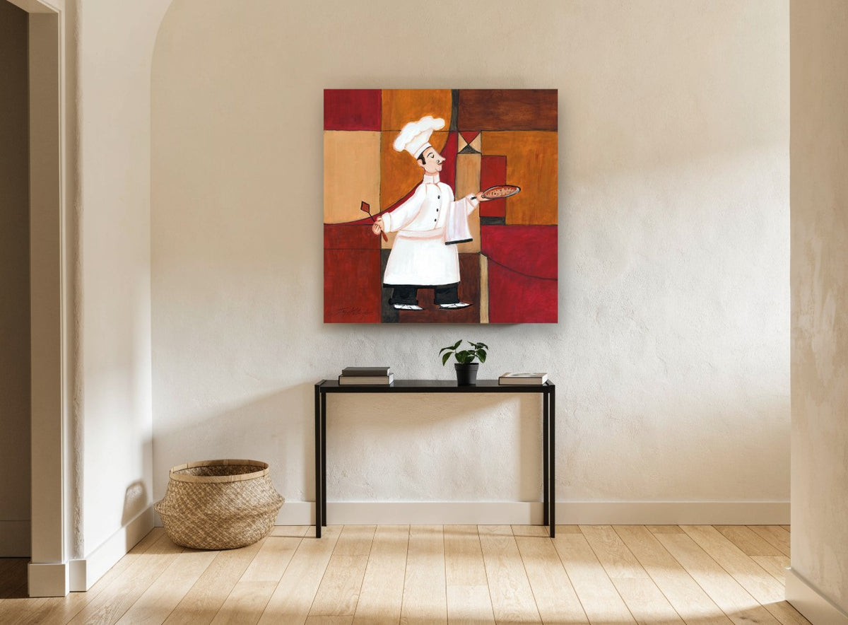 Pizza Chef in Red kitchen canvas print on the wall of a hallway