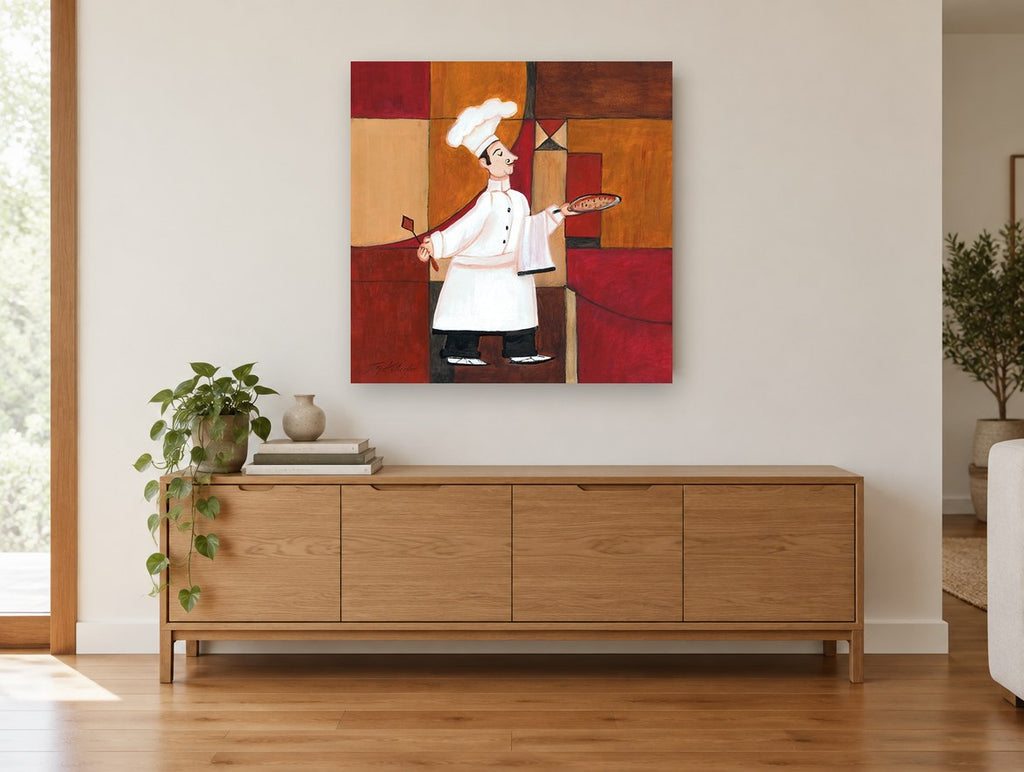 Pizza Chef in Red kitchen canvas print on the wall of a living room above a sideboard