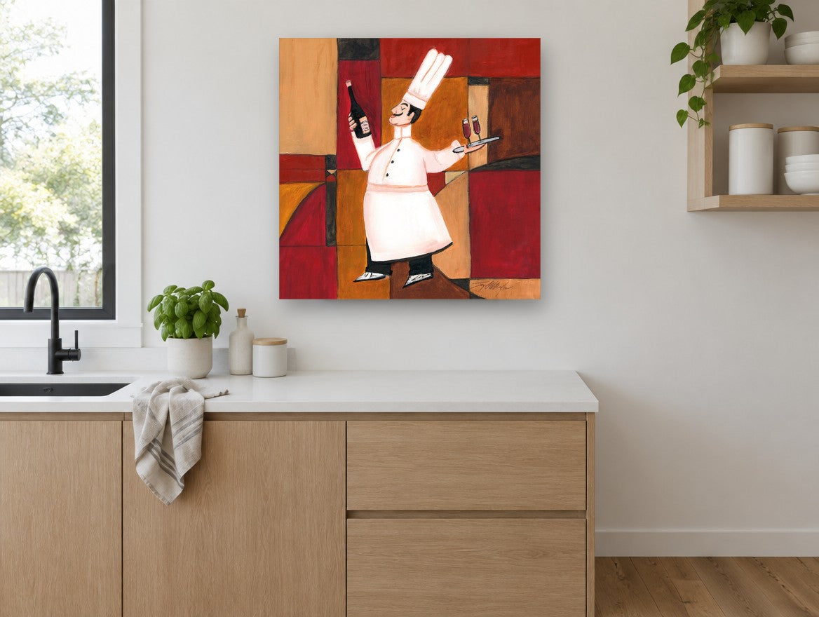 Chef With Red Wine kitchen canvas print on the wall of a kitchen
