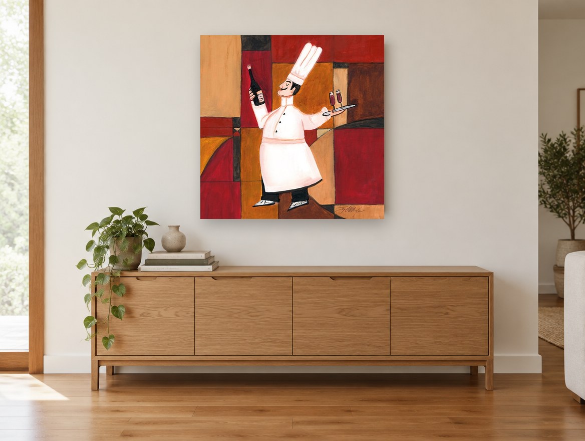 Chef With Red Wine kitchen canvas print on the wall of a living room above a sideboard