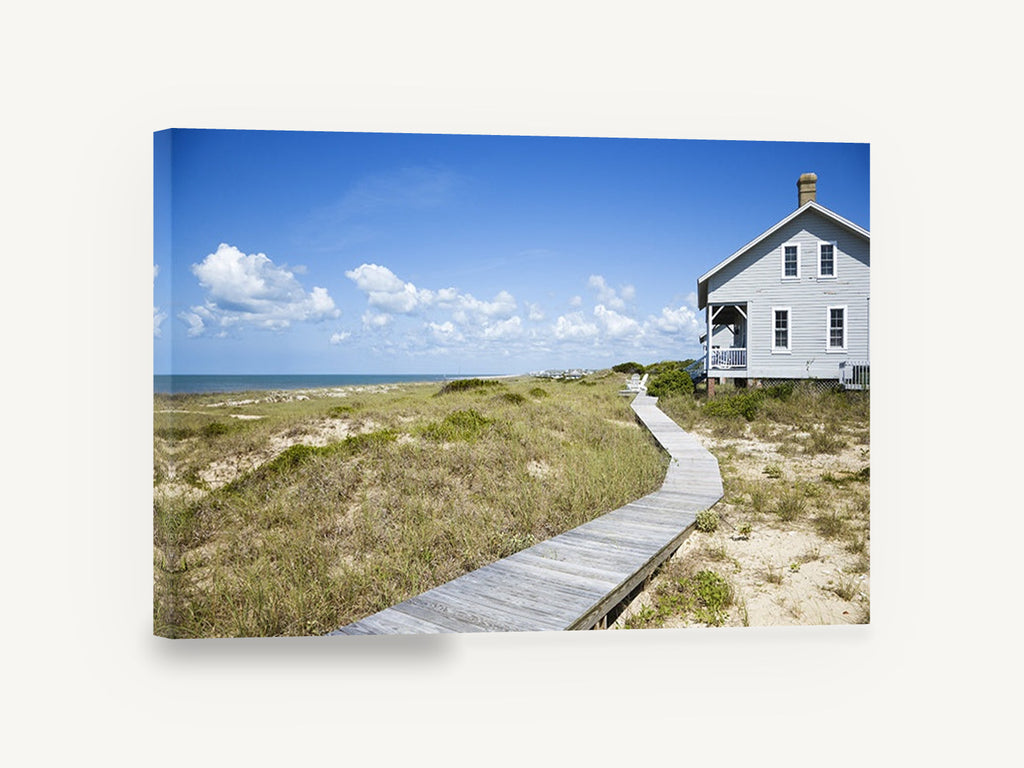 Boardwalk to the Dunes, beach house boardwalk dunes photograph, coastal canvas wall art print ready to hang