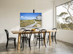 Boardwalk to the Dunes coastal canvas print on the wall of a dining room