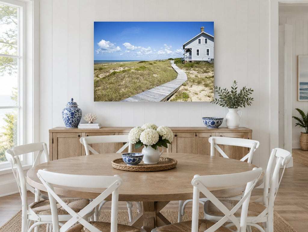 Boardwalk to the Dunes coastal canvas print on the wall of a Hamptons dining room