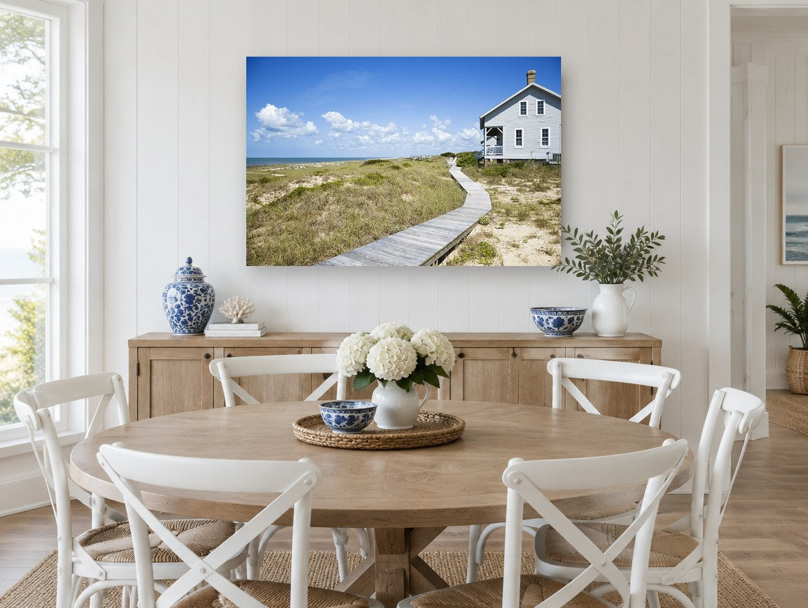 Boardwalk to the Dunes coastal canvas print on the wall of a Hamptons dining room