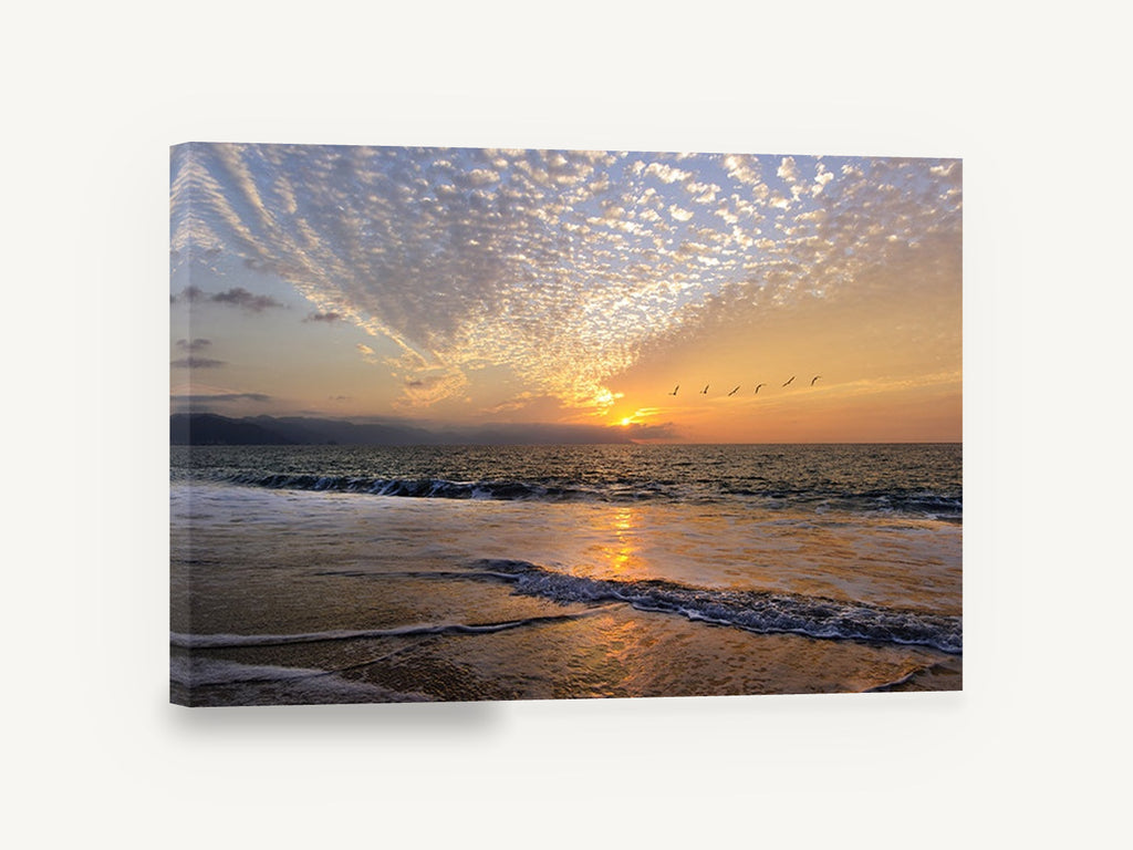 Pelicans at Sunset Shore, sunset beach birds seascape photograph, coastal canvas wall art print ready to hang