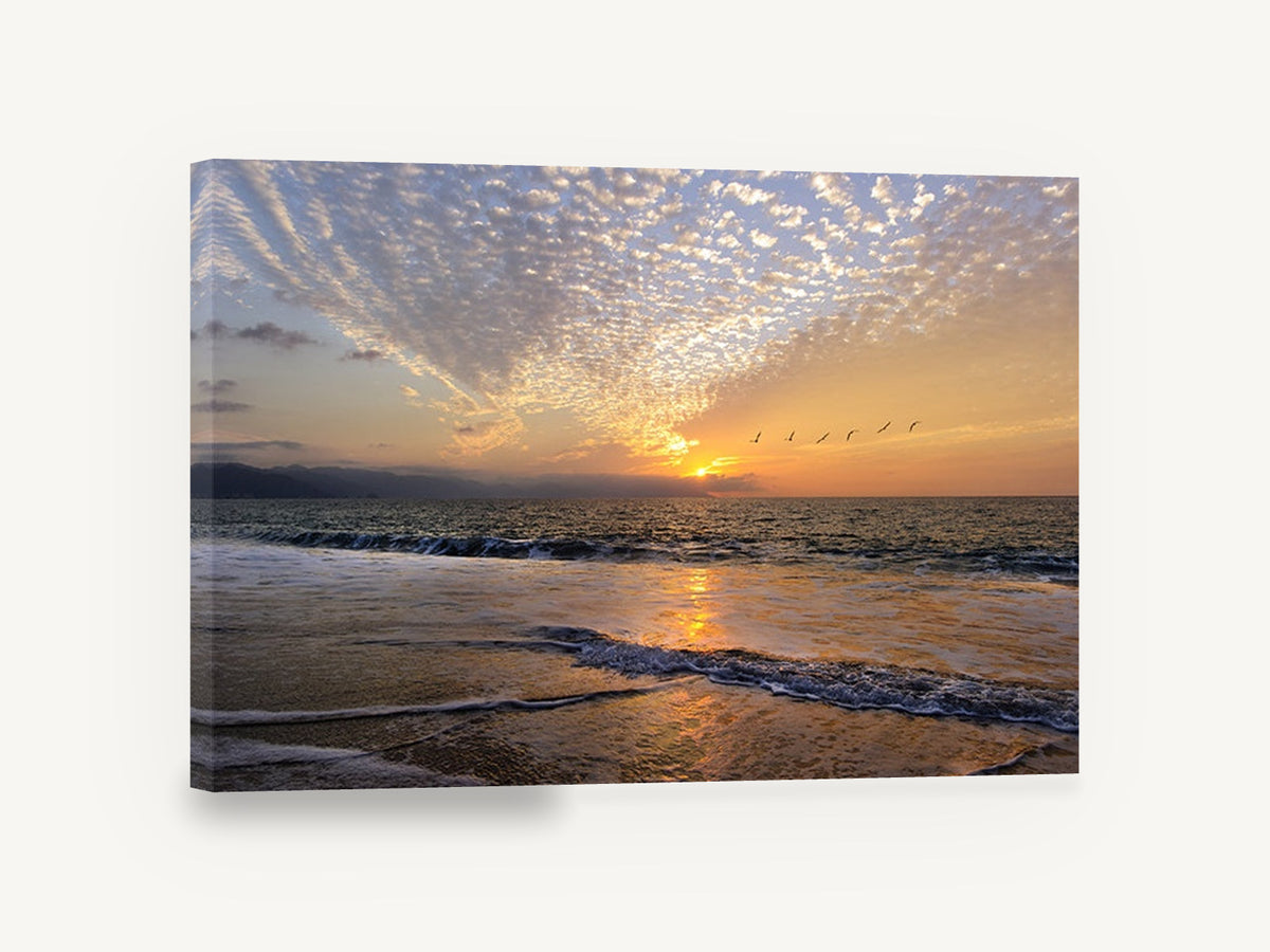 Pelicans at Sunset Shore, sunset beach birds seascape photograph, coastal canvas wall art print ready to hang