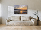 Pelicans at Sunset Shore coastal canvas print on the wall of a living room