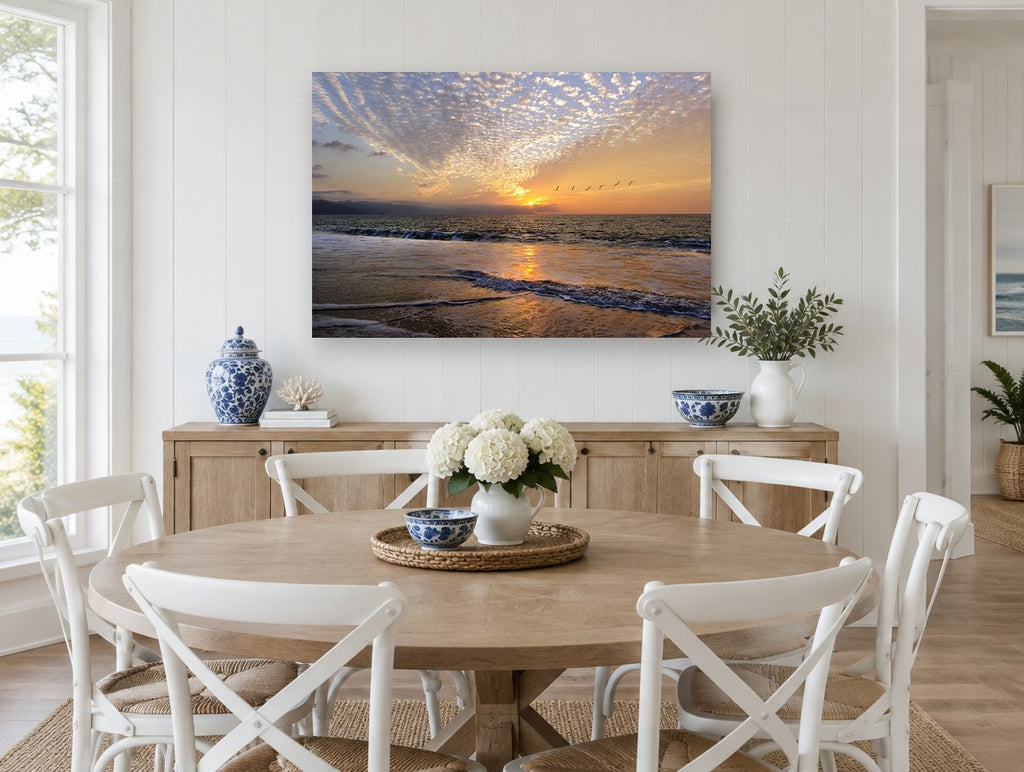 Pelicans at Sunset Shore coastal canvas print on the wall of a Hamptons dining room