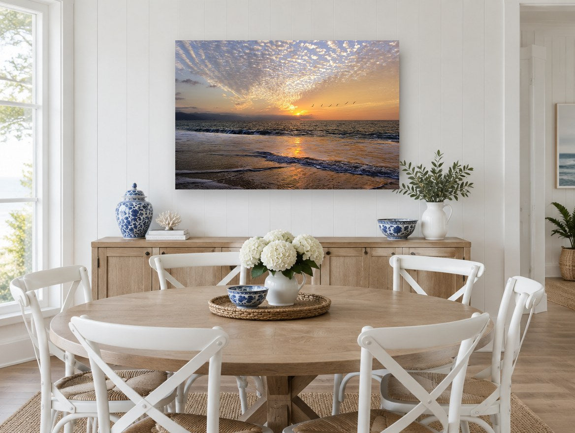 Pelicans at Sunset Shore coastal canvas print on the wall of a Hamptons dining room
