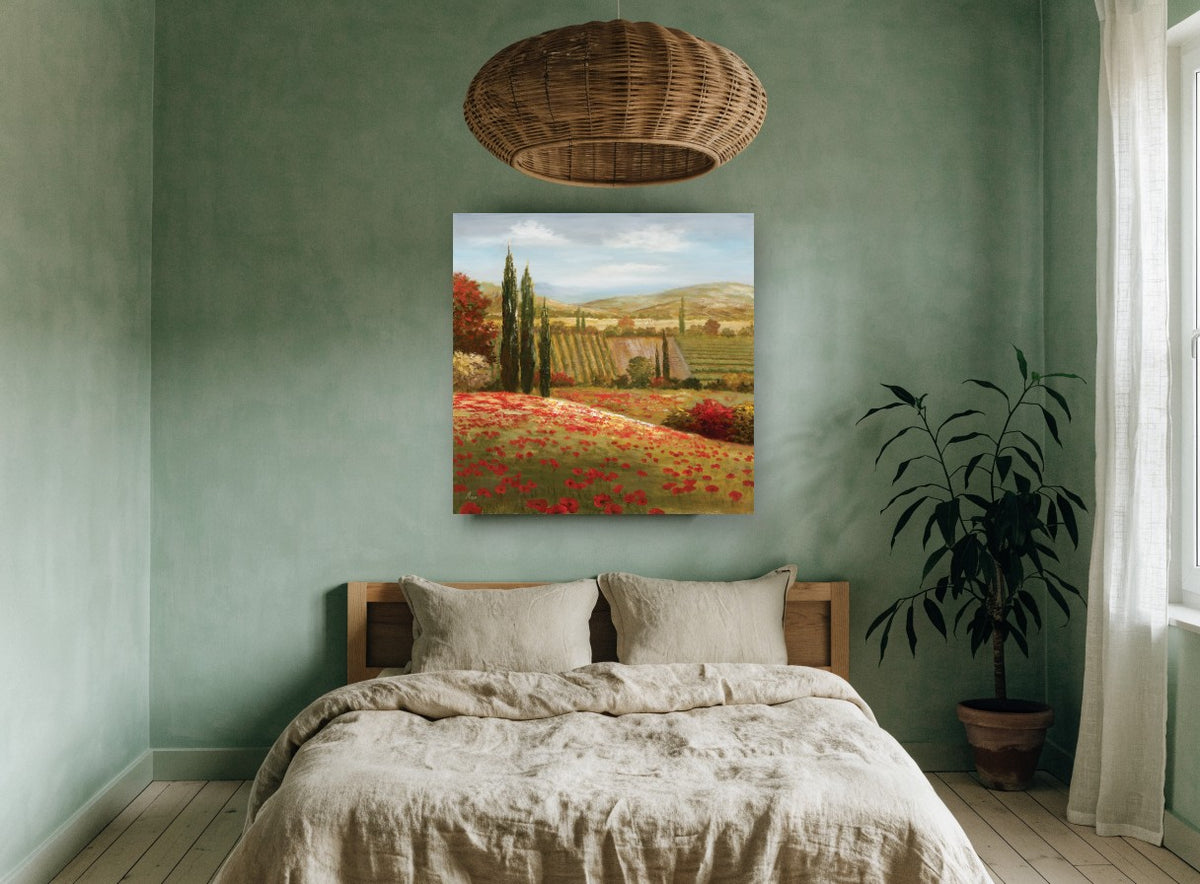 Poppy Hillside Cypresses floral canvas print on the wall of a bedroom