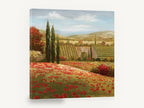 Poppy Hillside Cypresses, red poppy field cypress landscape, floral canvas wall art print ready to hang