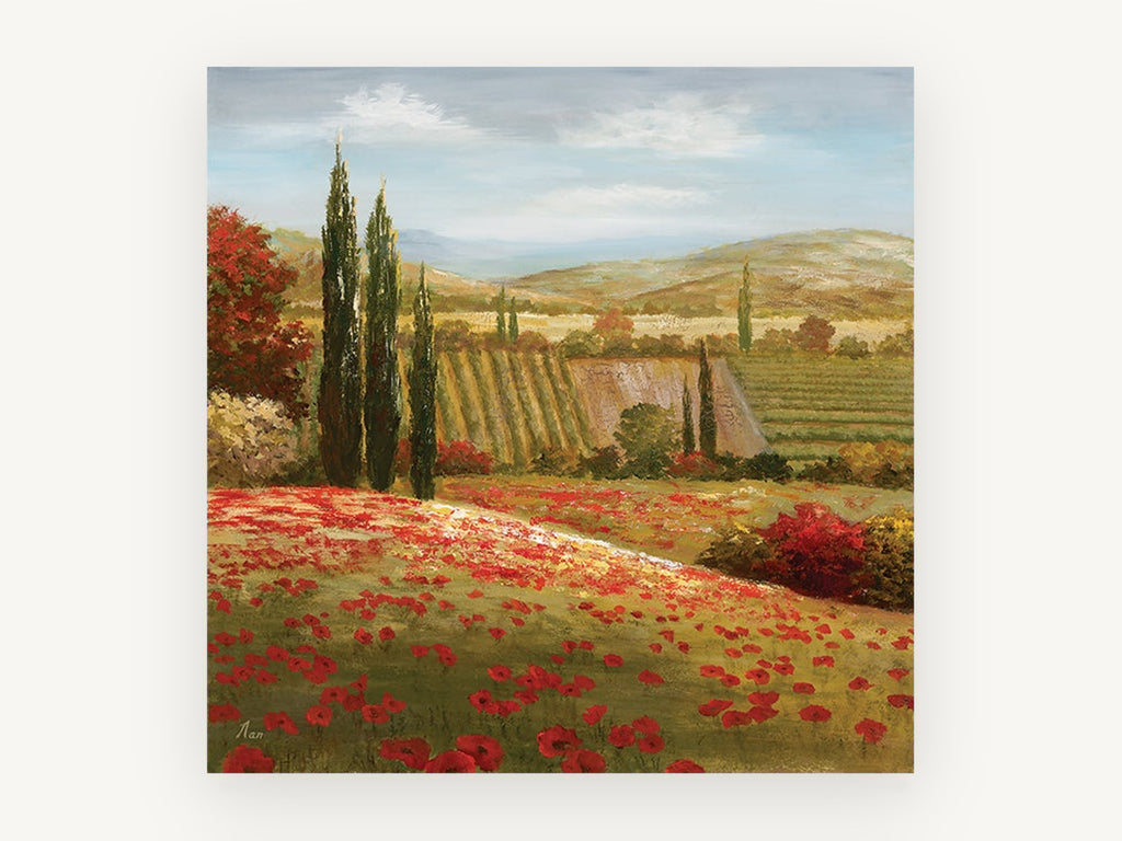 Poppy Hillside Cypresses, floral canvas wall art print, front view