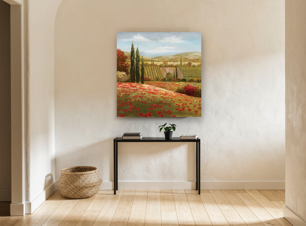 Poppy Hillside Cypresses floral canvas print on the wall of a hallway