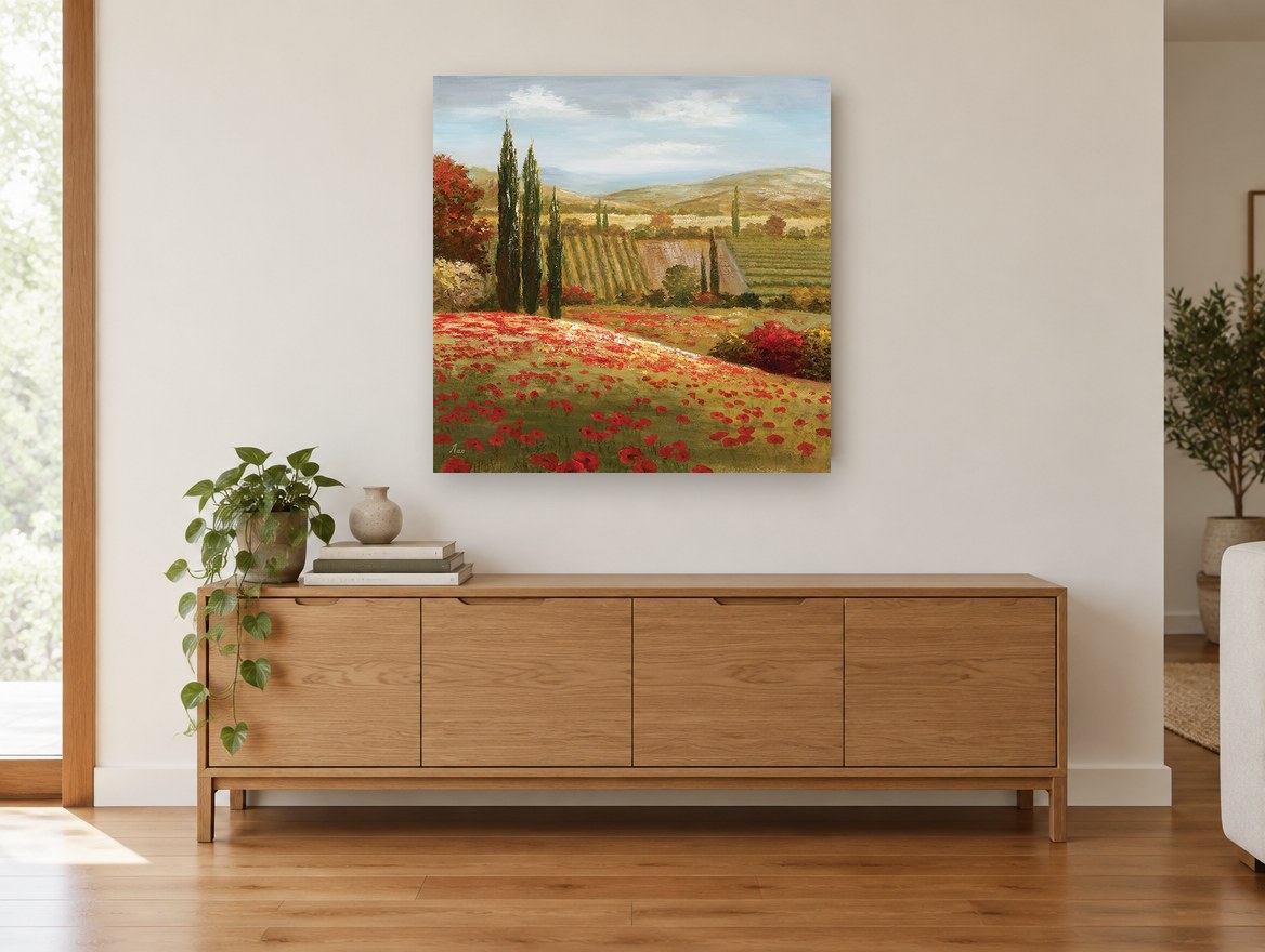 Poppy Hillside Cypresses floral canvas print on the wall of a living room above a sideboard