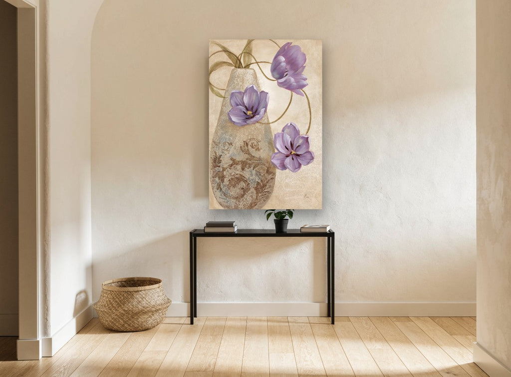 Lilac Tulips and Scroll Vase floral canvas print on the wall of a hallway
