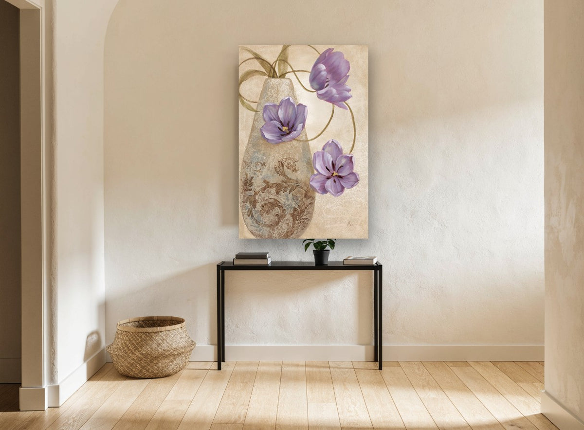 Lilac Tulips and Scroll Vase floral canvas print on the wall of a hallway