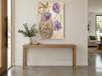 Lilac Tulips and Scroll Vase floral canvas print on the wall of a entry hall