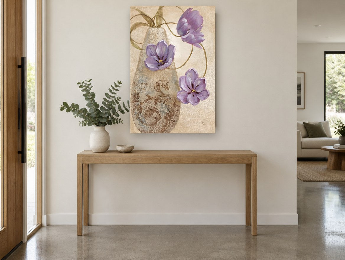 Lilac Tulips and Scroll Vase floral canvas print on the wall of a entry hall