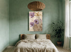 Lilac Poppies in Scrolled Vase floral canvas print on the wall of a bedroom