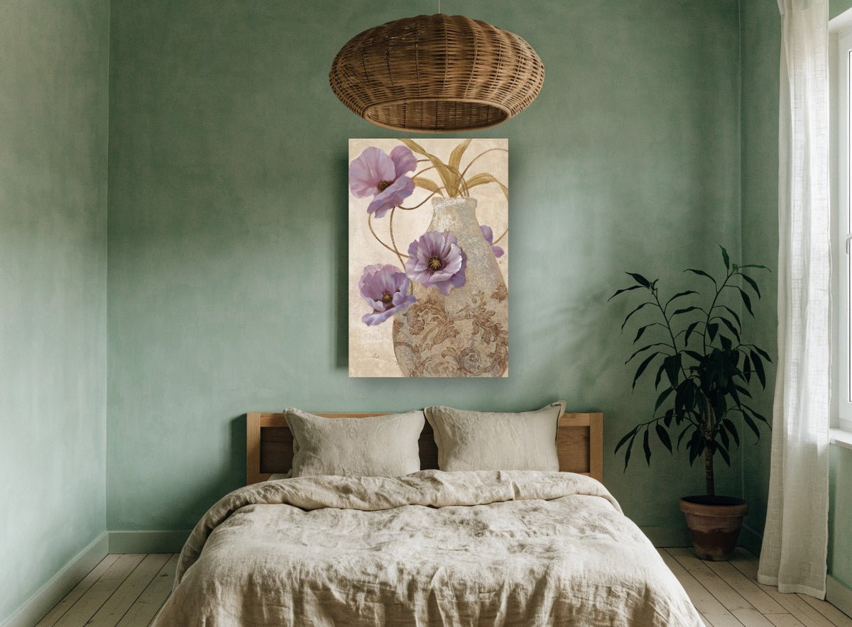 Lilac Poppies in Scrolled Vase floral canvas print on the wall of a bedroom