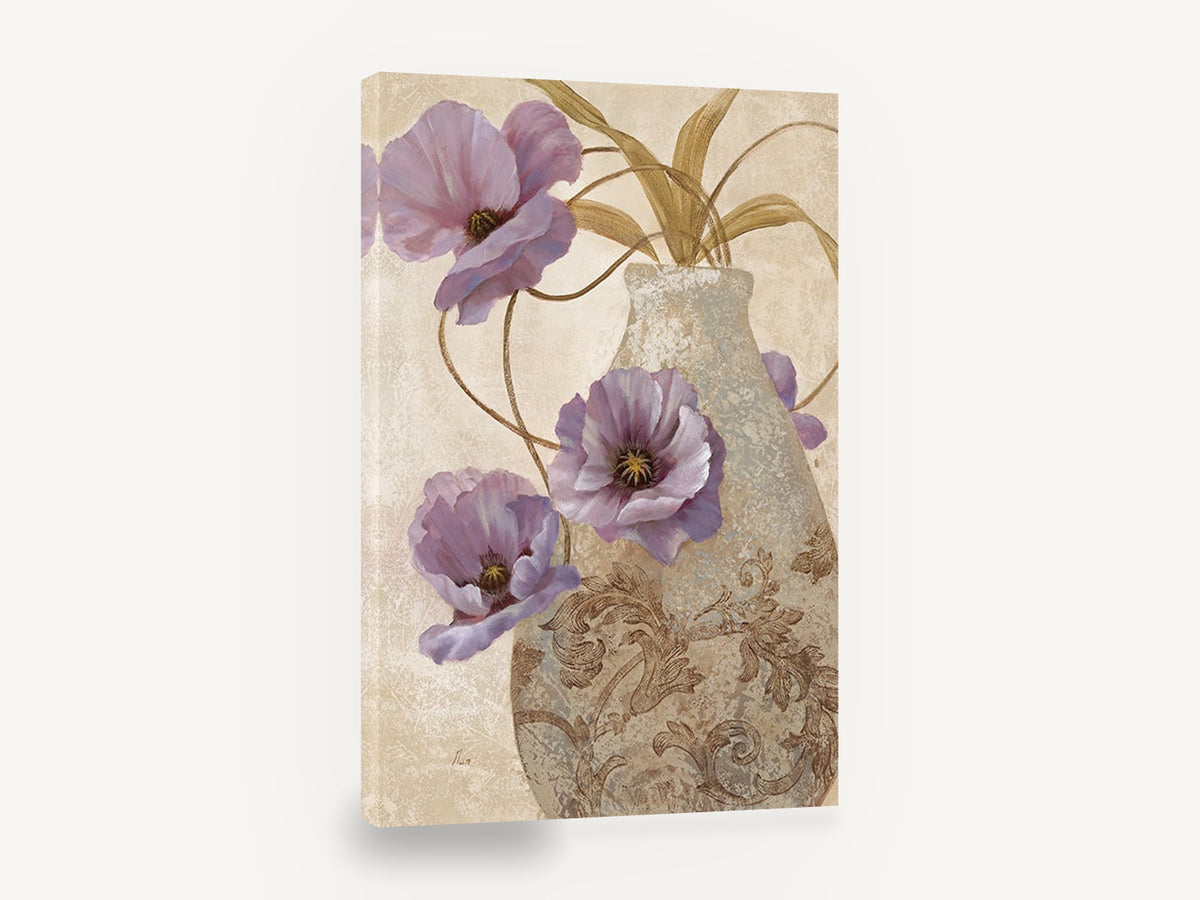 Lilac Poppies in Scrolled Vase, purple poppies in vase floral painting, floral canvas wall art print ready to hang