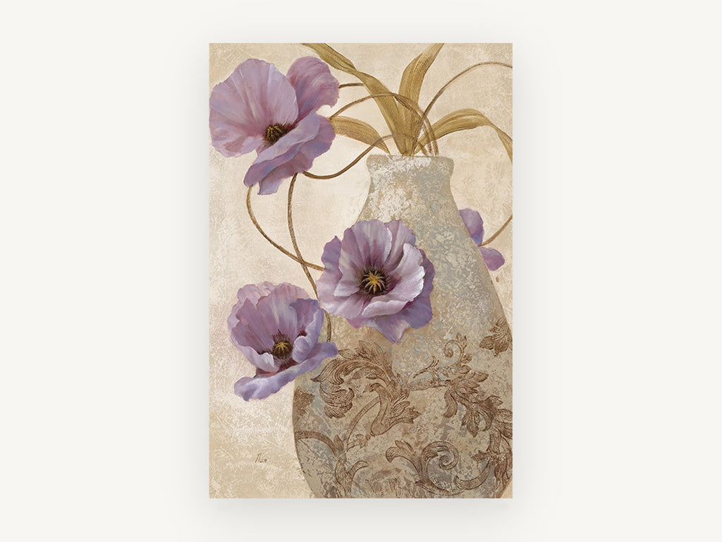 Lilac Poppies in Scrolled Vase, floral canvas wall art print, front view