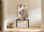 Lilac Poppies in Scrolled Vase floral canvas print on the wall of a hallway