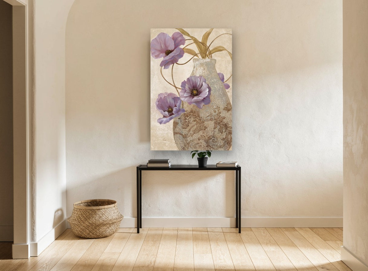 Lilac Poppies in Scrolled Vase floral canvas print on the wall of a hallway