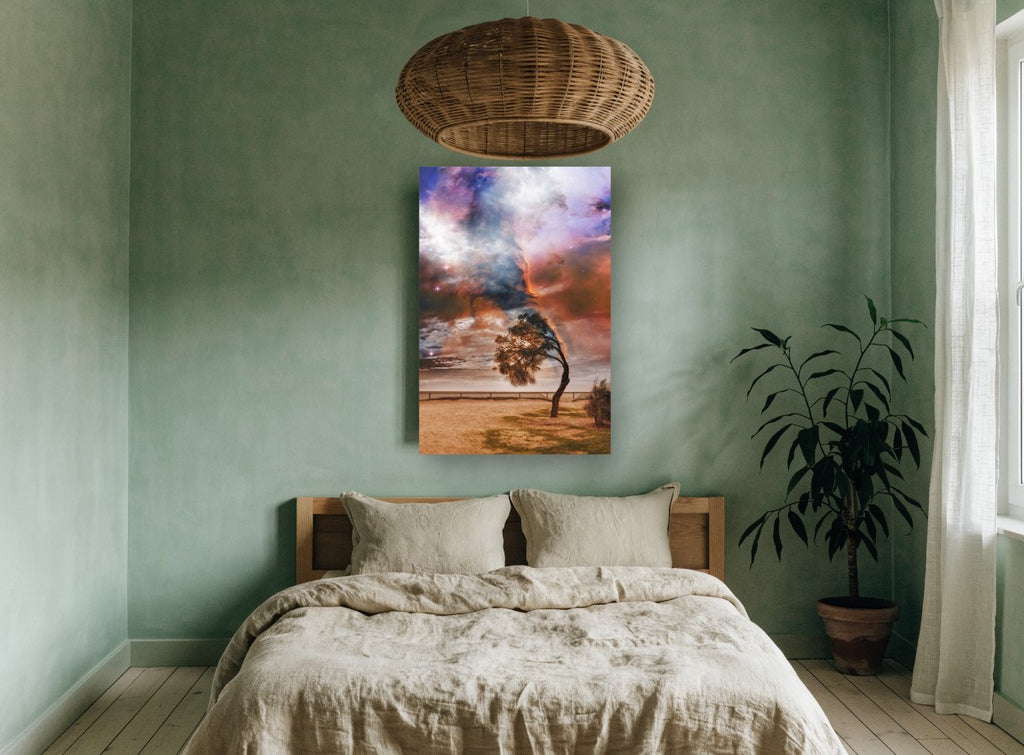 Windswept Tree Nebula floral canvas print on the wall of a bedroom