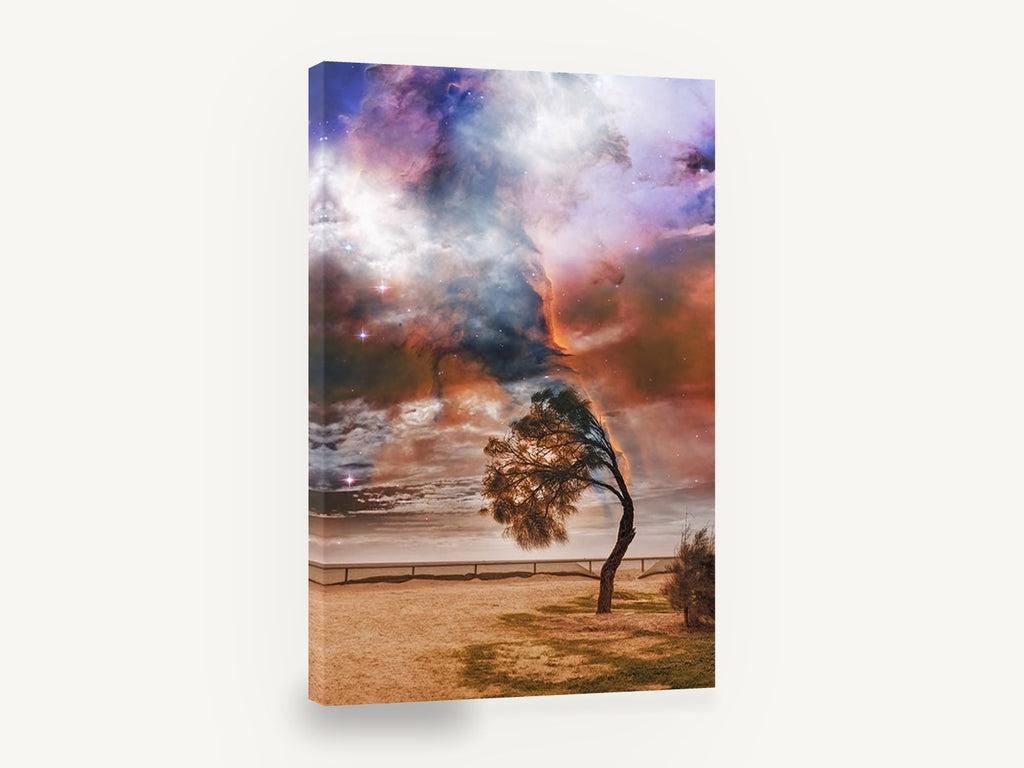 Windswept Tree Nebula, lone windswept tree nebula sky, floral canvas wall art print ready to hang