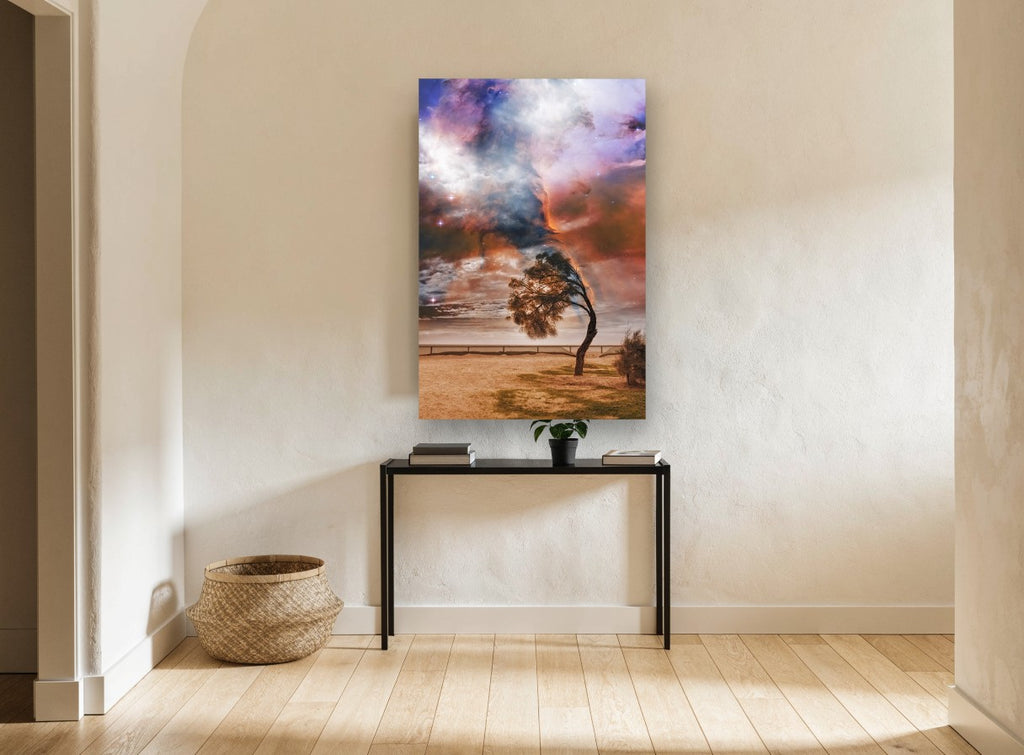 Windswept Tree Nebula floral canvas print on the wall of a hallway