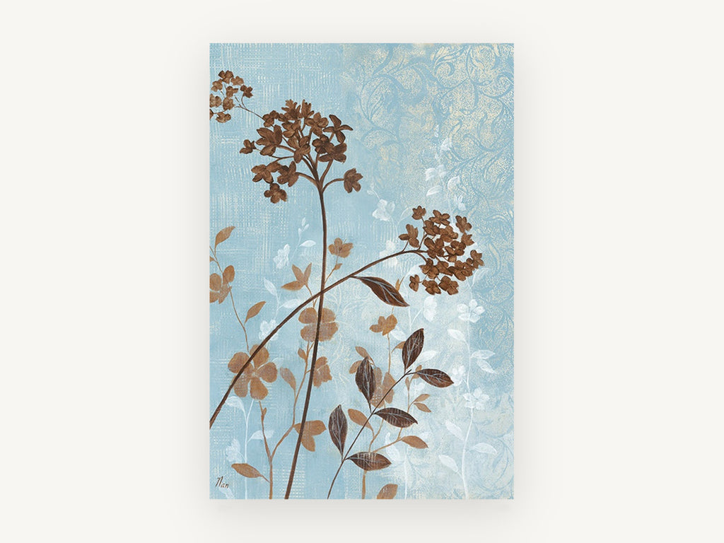 Copper Blooms on Blue, floral canvas wall art print, front view